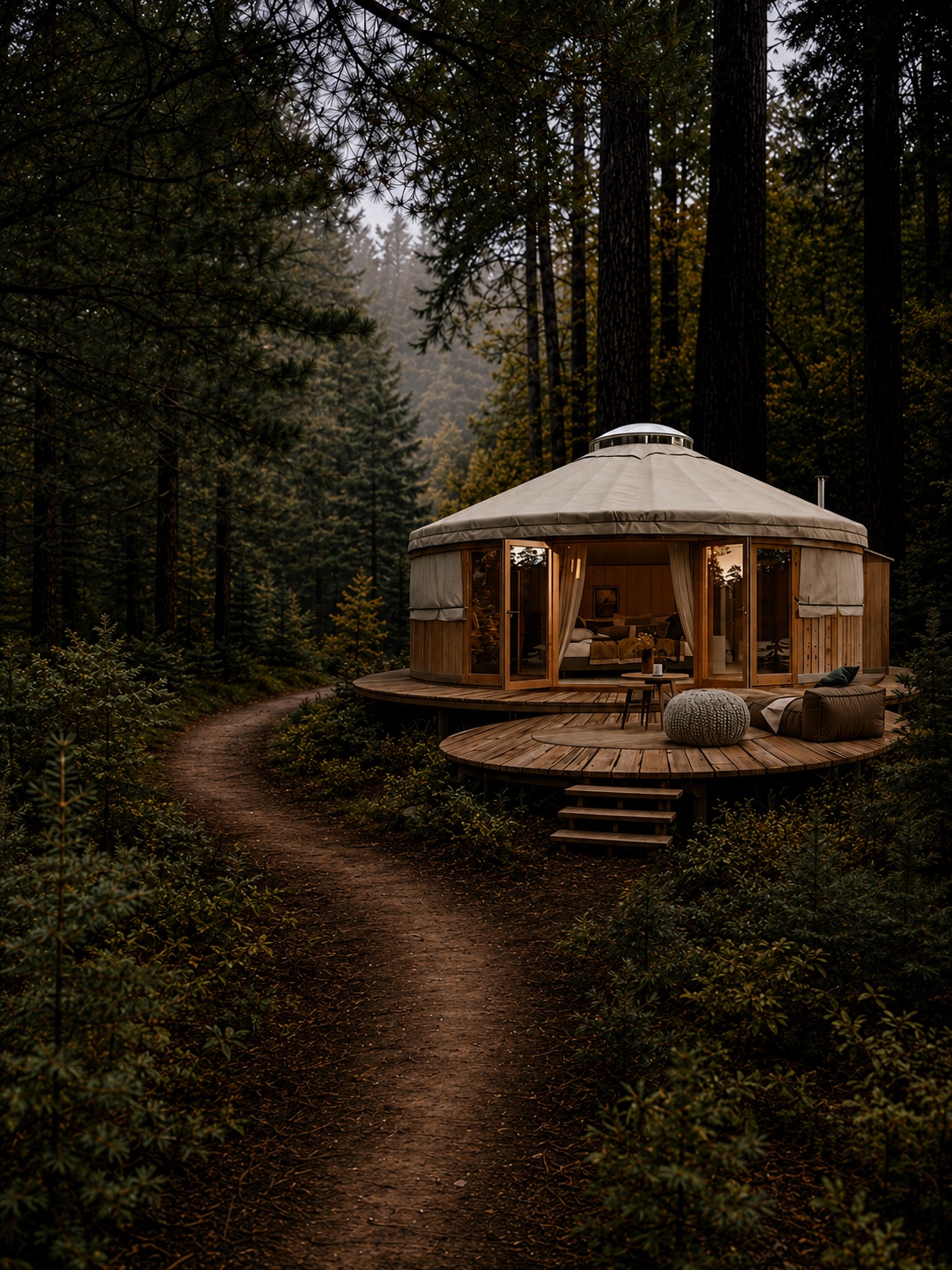 A private Nebula yurt concept nestled among tall forest trees