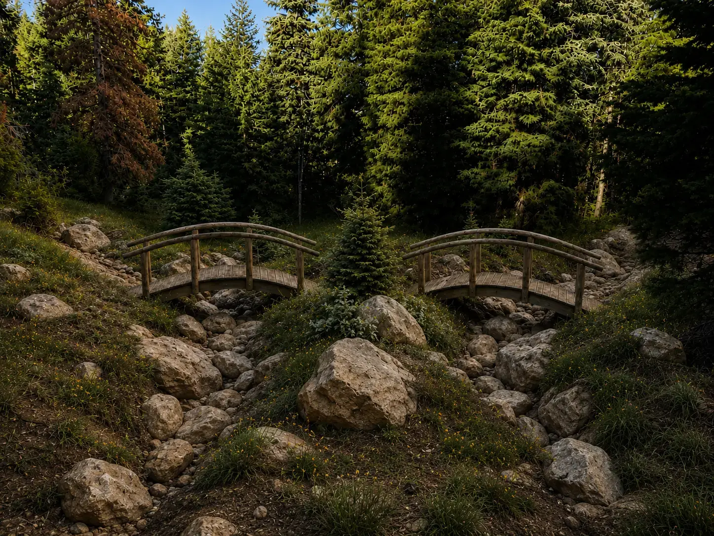 Close view of two wooden bridges crossing a rocky forest wash