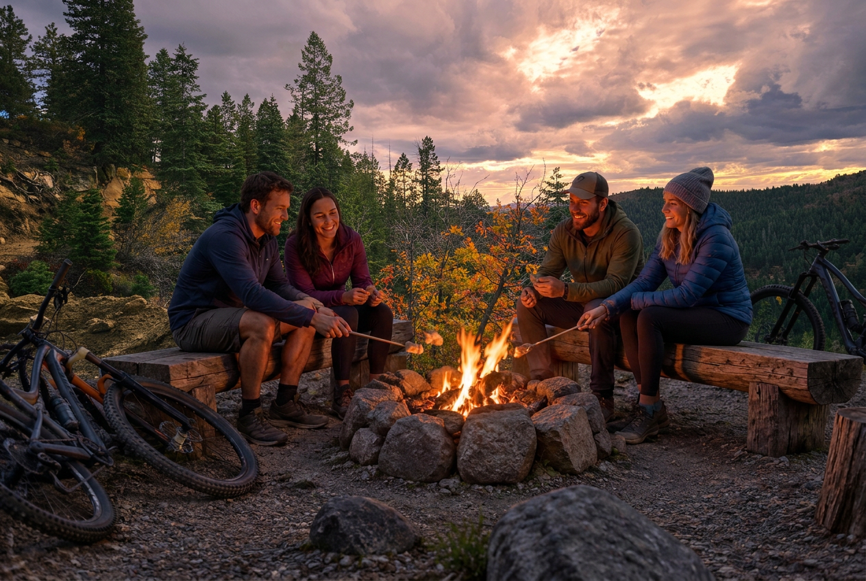 Mountain bikers making s'mores around a campfire at sunset