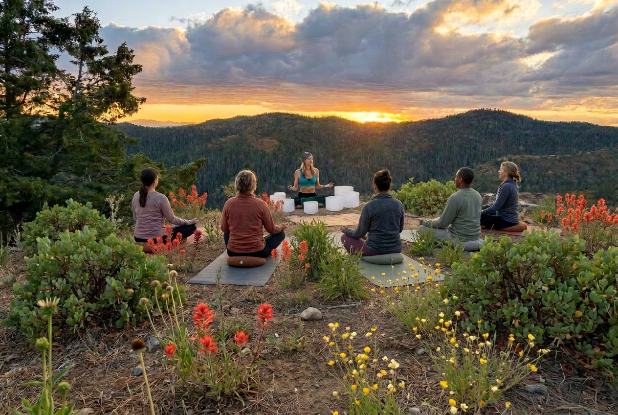 A group sound-bath meditation facing the sunset over Nebula's forest