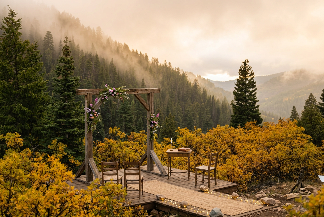 A wooden wedding arch lightly decorated with wildflowers on a forest deck at golden hour