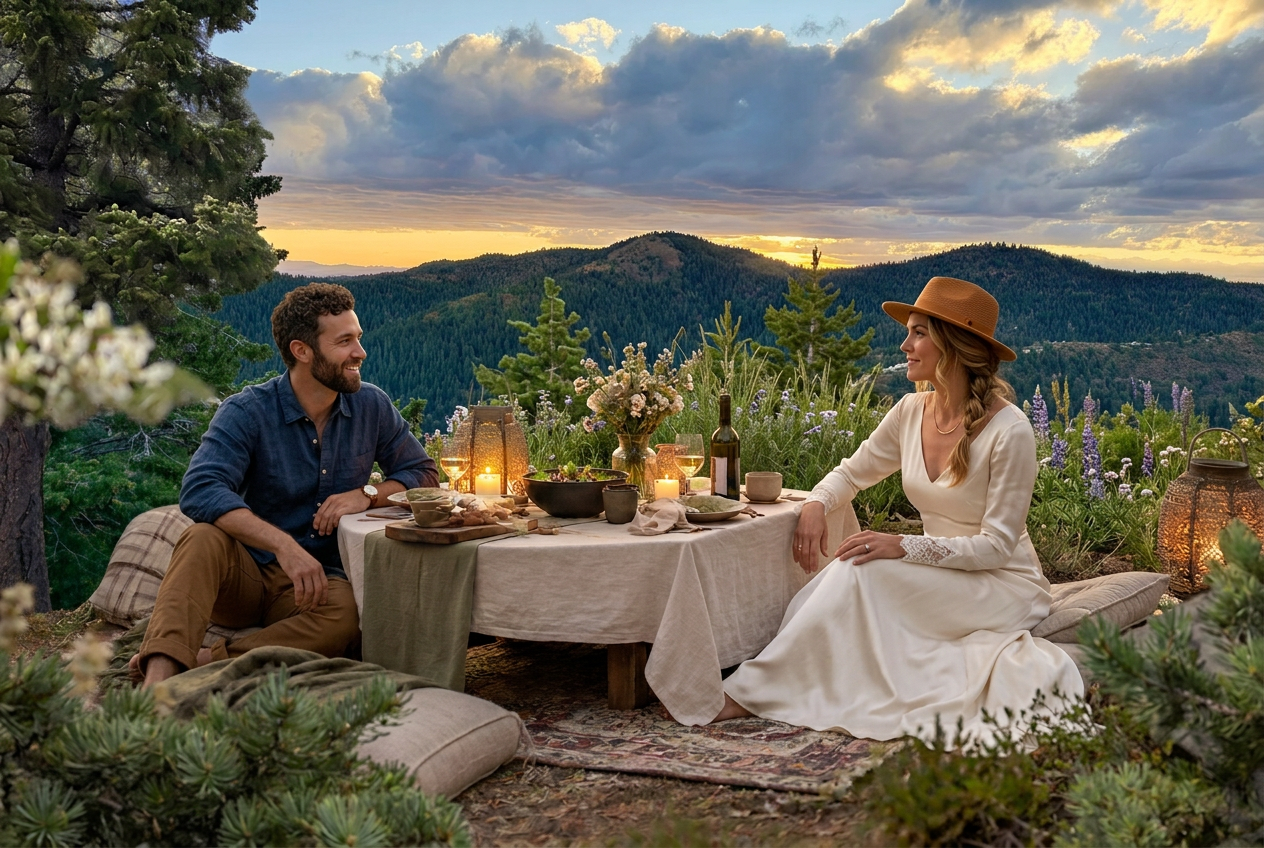 A wedding couple sharing a candlelit picnic against the sunset mountain view
