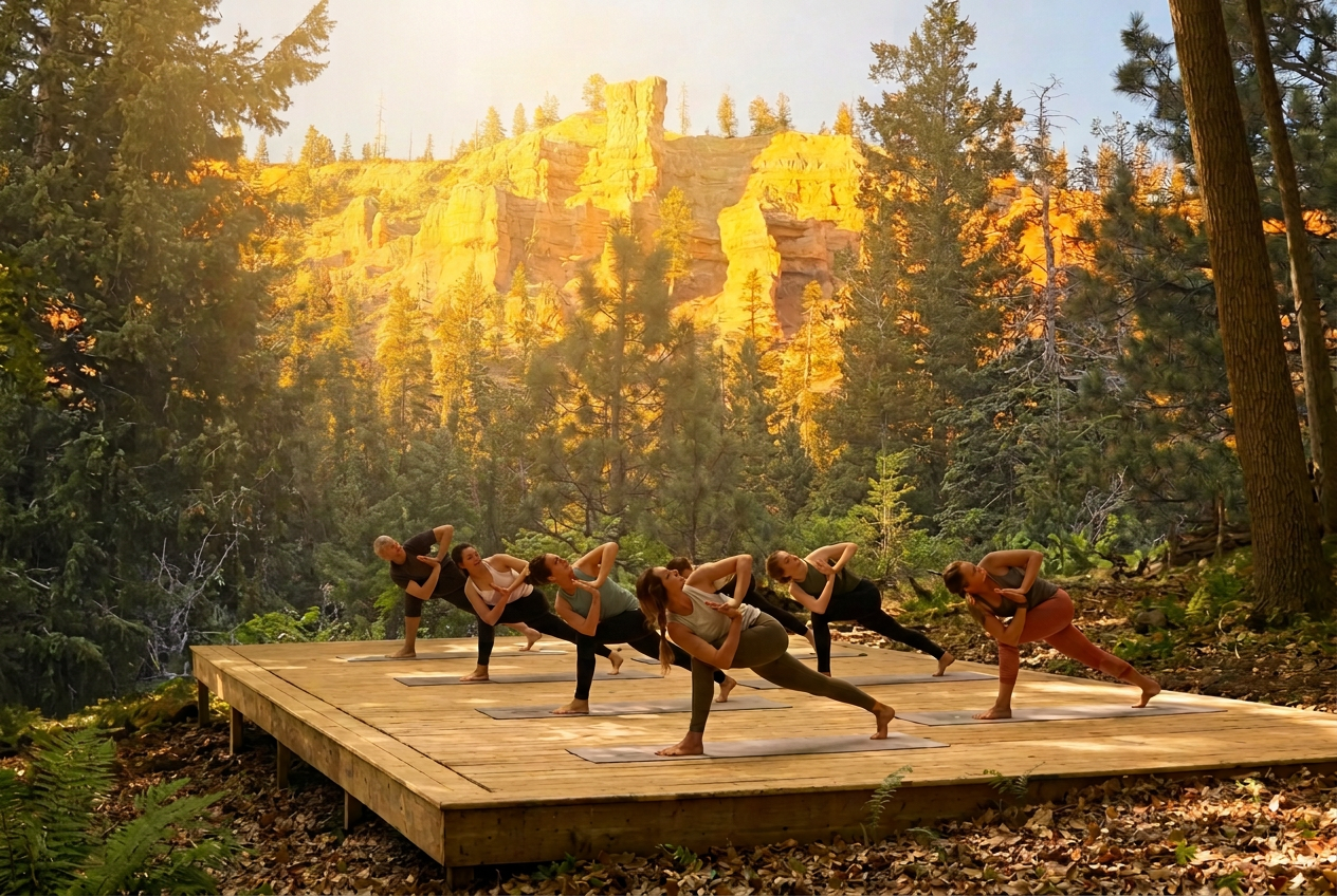 A yoga class practicing on a raised forest platform at golden hour