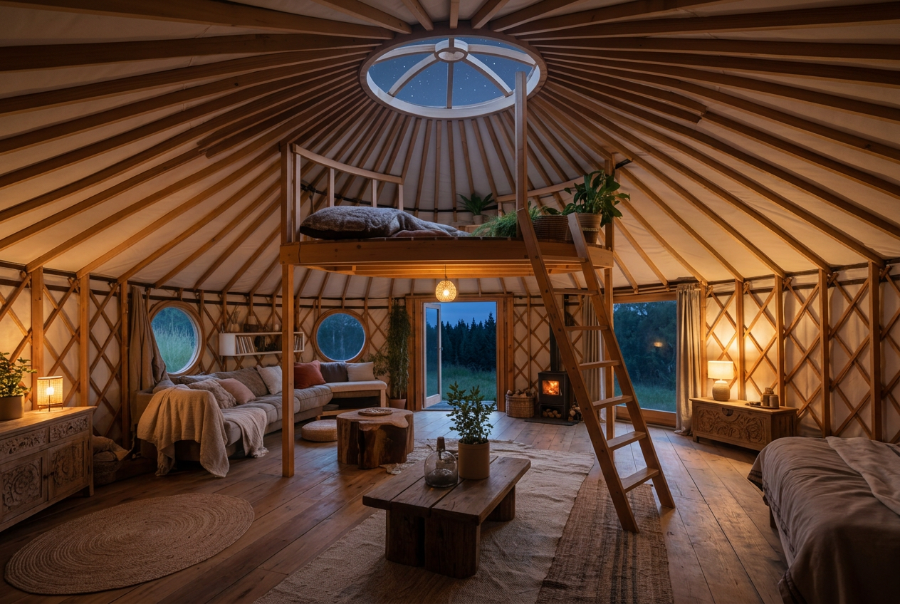 Wide view of a warm yurt interior with a raised loft and stars visible through the oculus